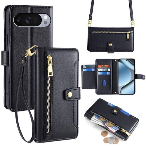F�r Google Pixel 10 Pro XL Crossbody Kunstleder Zipper H�lle Schwarz