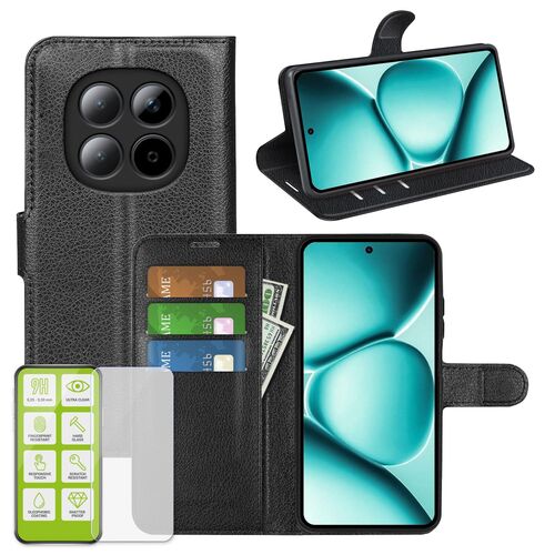 F�r Xiaomi Redmi Note 15 Pro 5G Kunstleder H�lle Schwarz + 9H Glas