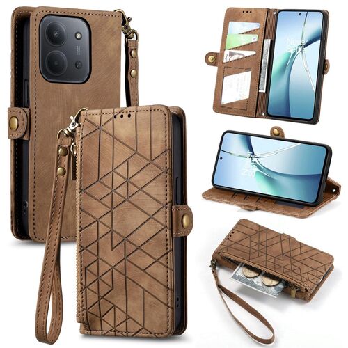 F�r Xiaomi Redmi 15C 5G / 4G Kunstleder Design Zipper Book H�lle Braun