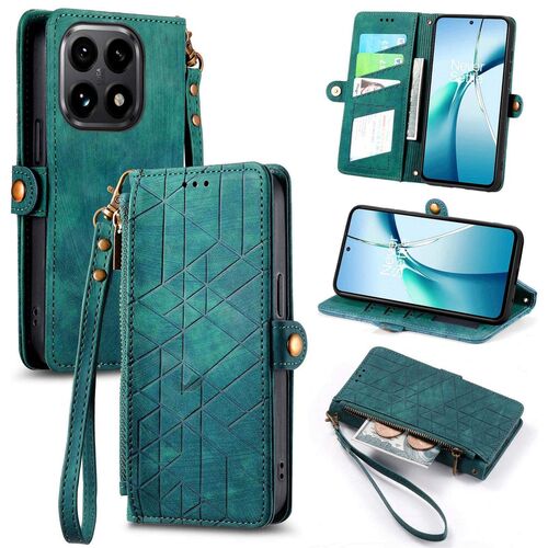 F�r Xiaomi 15T 5G Geometric Kunstleder Design Zipper Book H�lle Gr�n