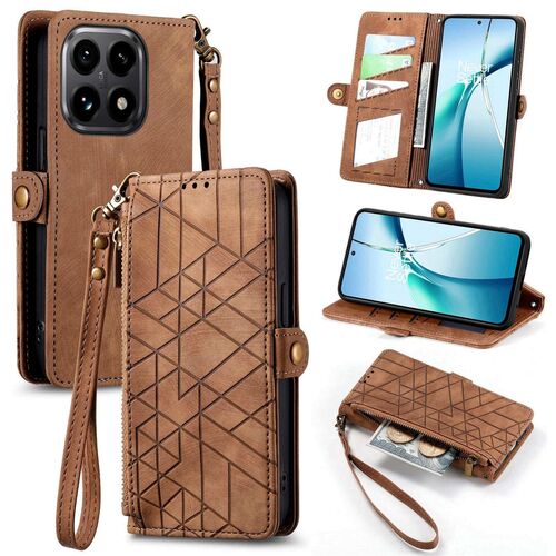 F�r Xiaomi 15T 5G Geometric Kunstleder Design Zipper Book H�lle Braun