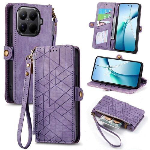 F�r Xiaomi 15T Pro 5G Geometric Kunstleder Zipper Book H�lle Lila