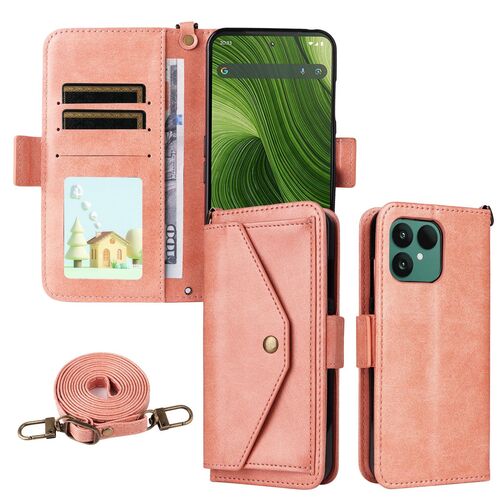F�r Fairphone 6 Crossbody Echtleder Kartenfach Schutz H�lle Pink