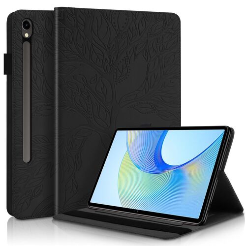F�r Samsung Galaxy Tab S10 FE Plus Kunstleder Baum Tasche Schwarz