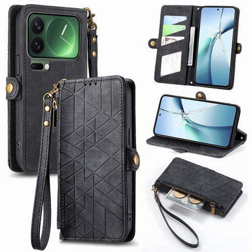 F�r Xiaomi 17 Pro Max Geometric Kunstleder Zipper Book H�lle Schwarz