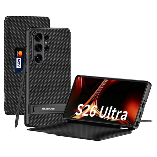 F�r Samsung Galaxy S26 Ultra 5G Leder Tasche Book H�lle Carbon Schwarz