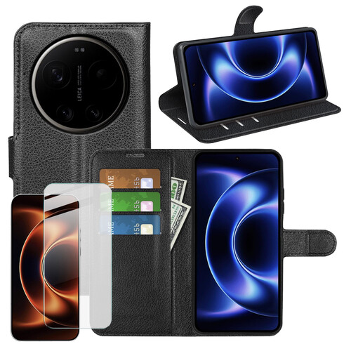 Klapph�lle + Schutzglas f�r Xiaomi 17 Ultra Kunstleder Wallet 9H Glas