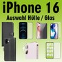 F�r Apple iPhone 16 Kunst Leder Book Wallet Tasche Schwarz Hart Glas AUSWAHL