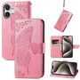 F�r Apple iPhone 16 Kunstleder Wallet Schmetterling H�lle Case Pink