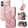F�r Apple iPhone 16 Plus Kunstleder Wallet Schmetterling H�lle Rosa