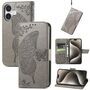 F�r Apple iPhone 16 Plus Kunstleder Wallet Schmetterling H�lle Grau