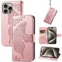 F�r Apple iPhone 16 Pro Kunstleder Wallet Schmetterling H�lle Rosa