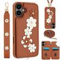 Fr Apple iPhone 17 Hlle Crossbody Kunstleder mit Blumenmuster Braun