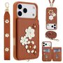 F�r Apple iPhone 17 Pro Crossbody Kunstleder Blumenmotiv H�lle Braun