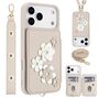 Fr Apple iPhone 17 Pro Max Crossbody Kunstleder Blumen Hlle Wei