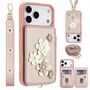 F�r Apple iPhone 17 Pro Max Crossbody Kunstleder Blume H�lle Rose Gold